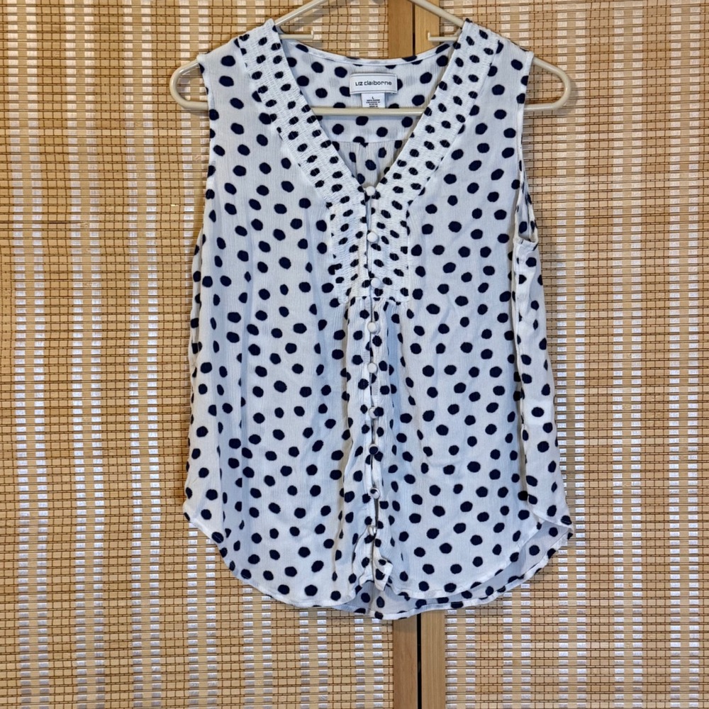 Liz Claiborne Womens Polka Dot Sleeveless Blouse V-Neck Smocked Top White Navy L